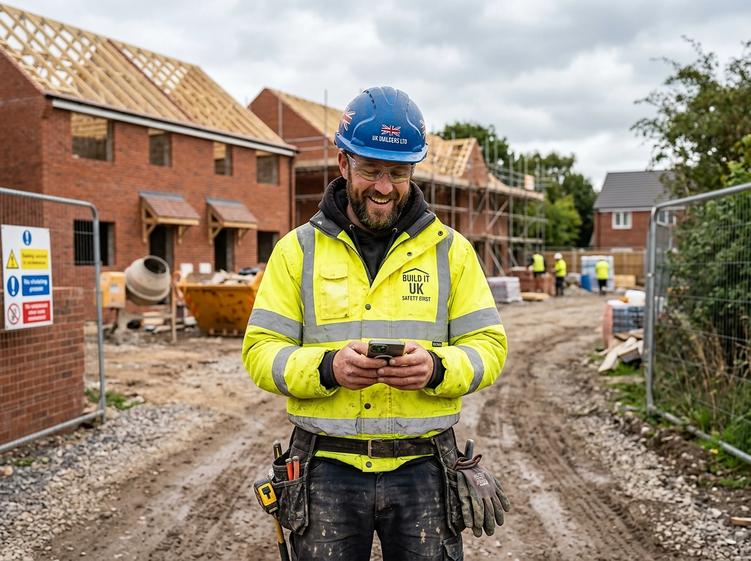 Site manager checking an enquiry on his phone on a building site