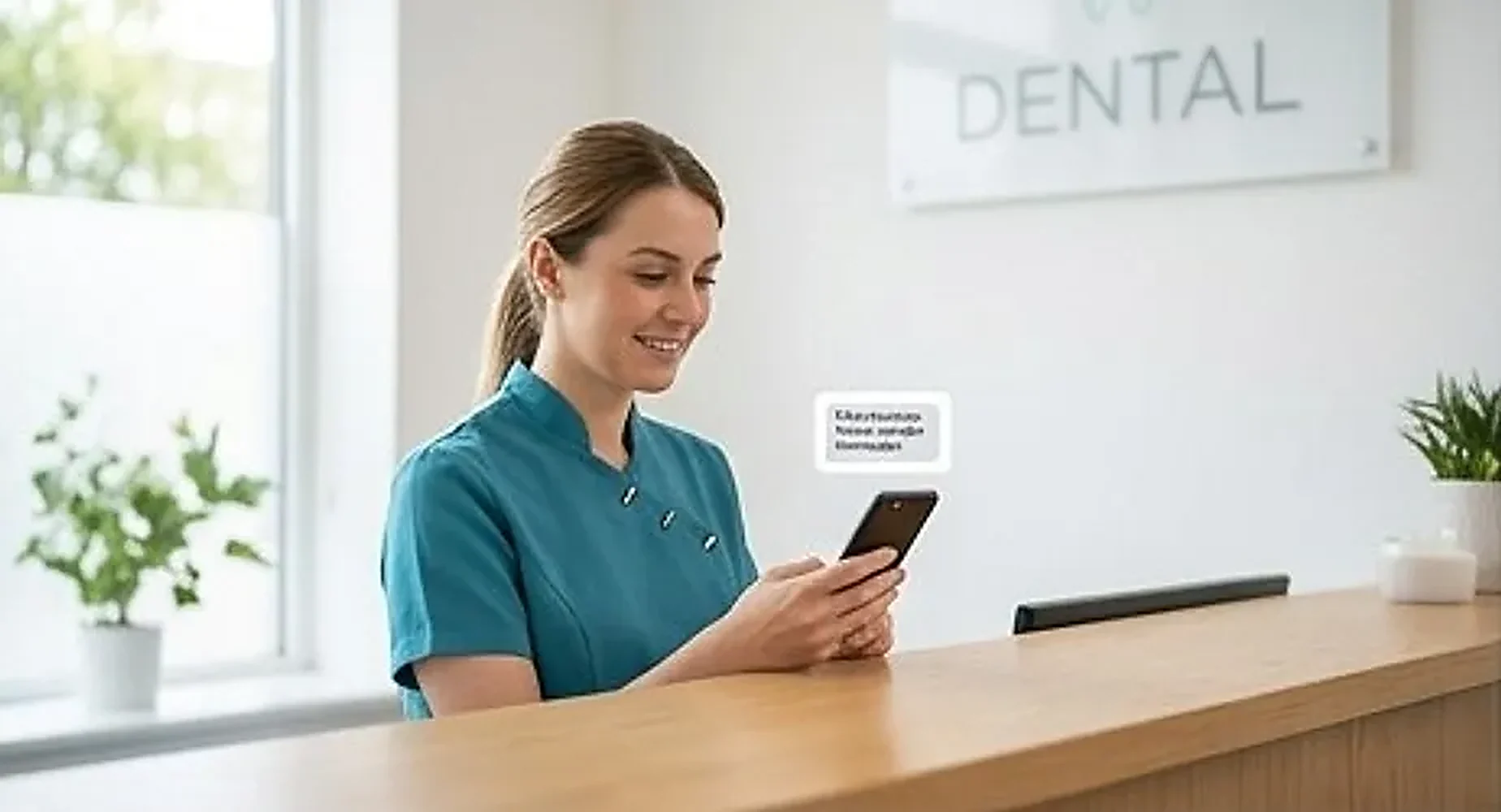 Dental receptionist at the front desk reading a patient message on her phone