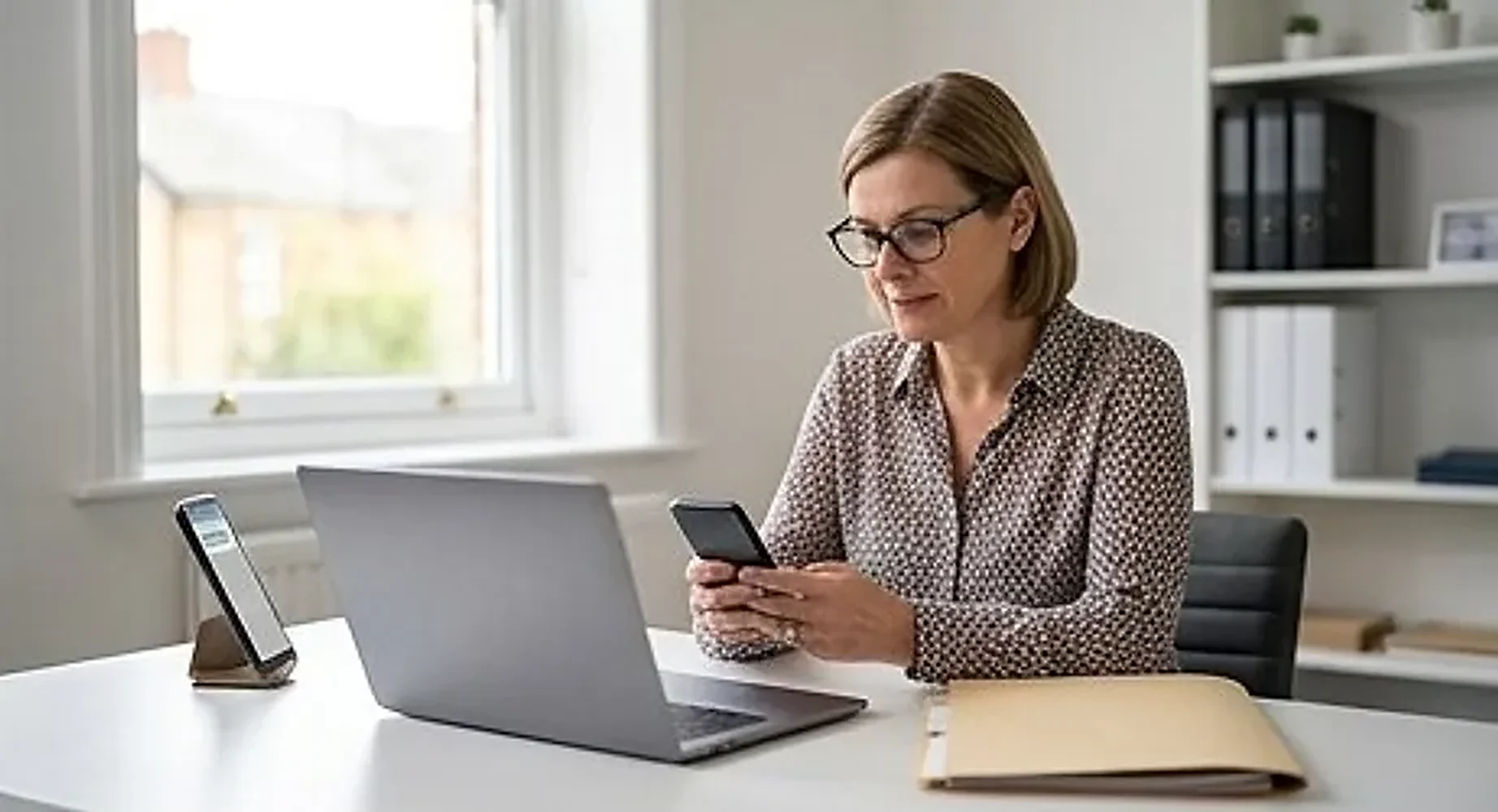 Accountant at her desk with a laptop and client folder reading an enquiry on her phone