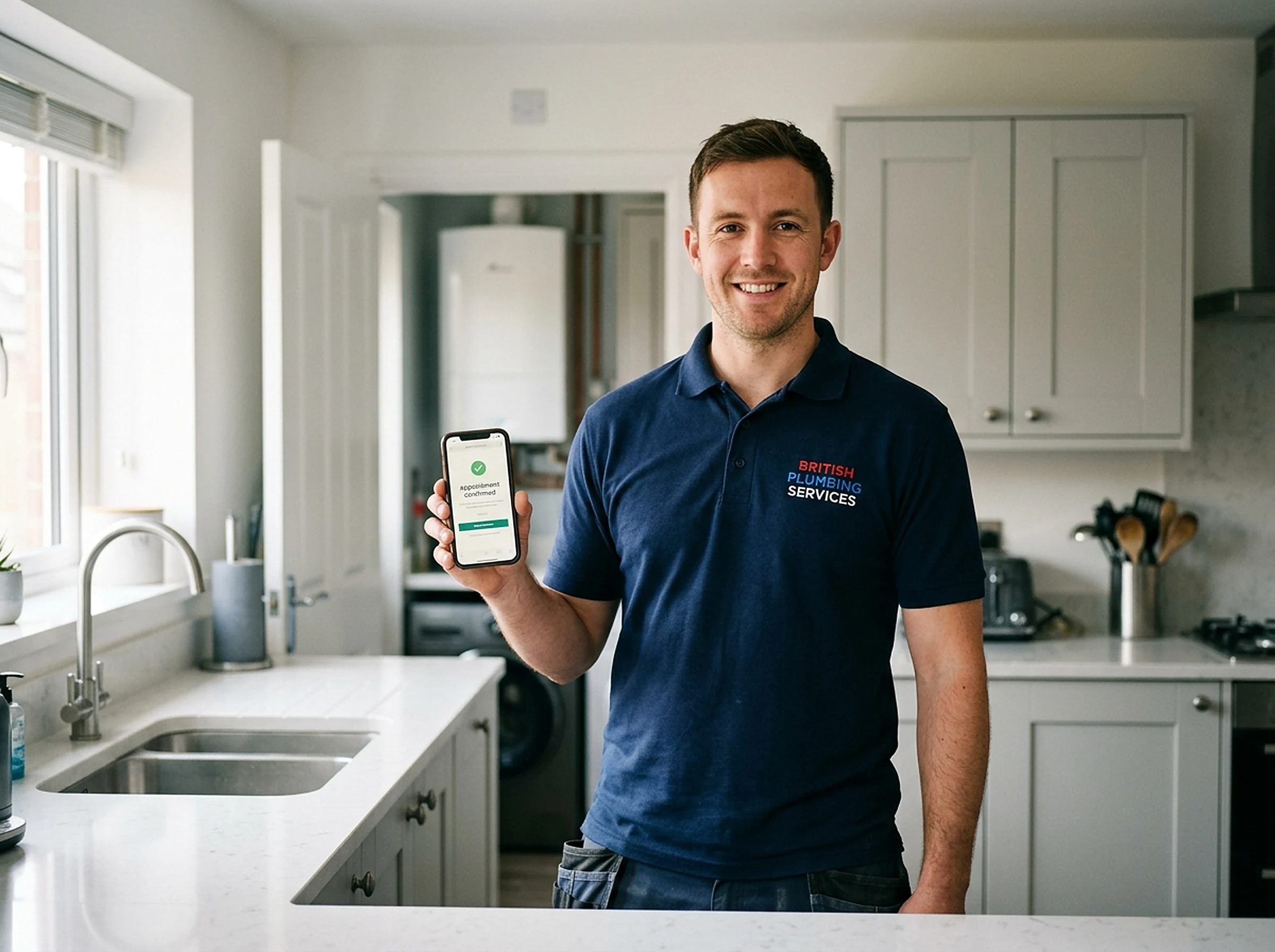 Plumber in a customer kitchen showing a confirmed appointment on his phone