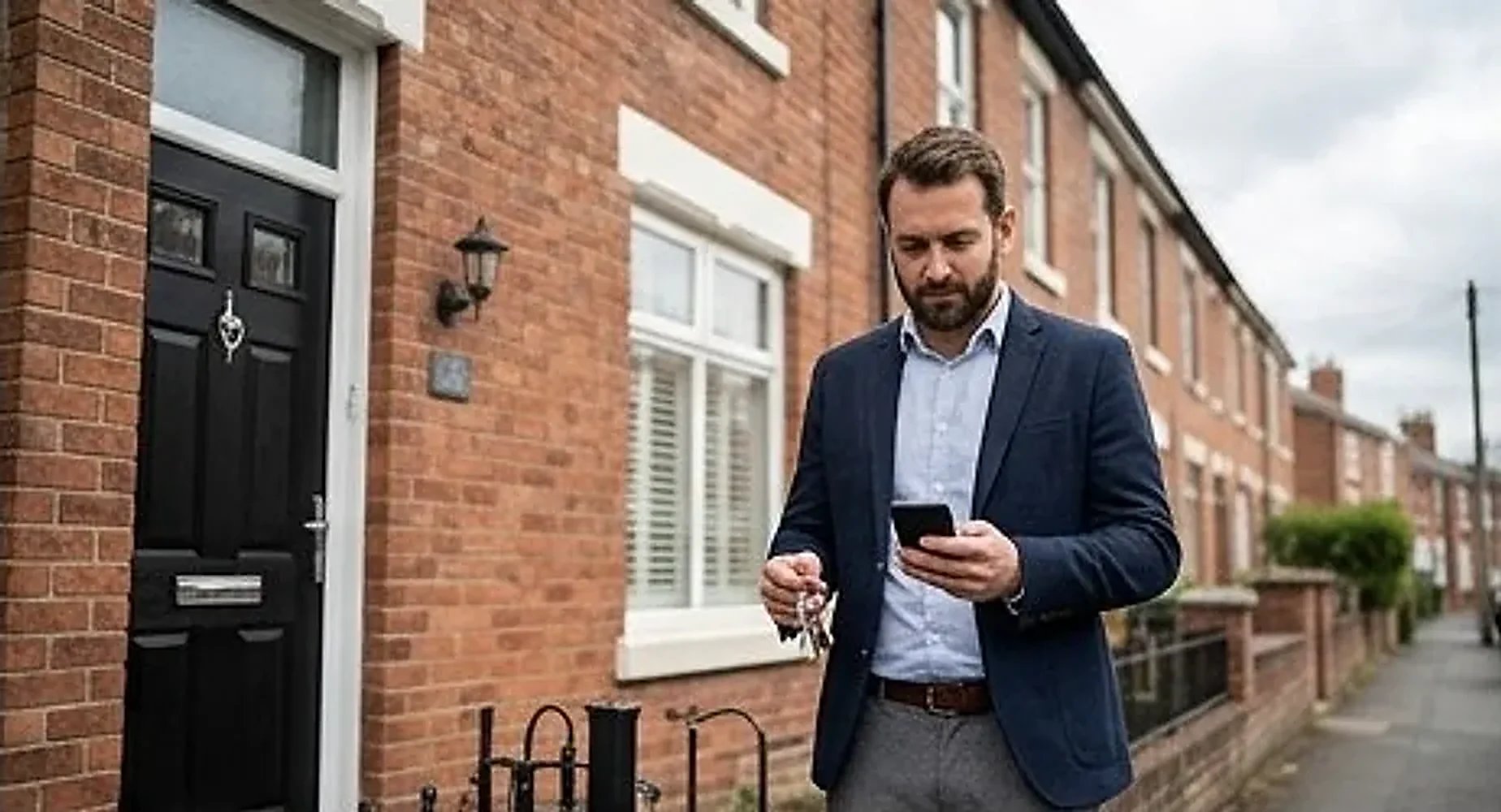 Estate agent with keys outside a red-brick terraced house checking a viewing request