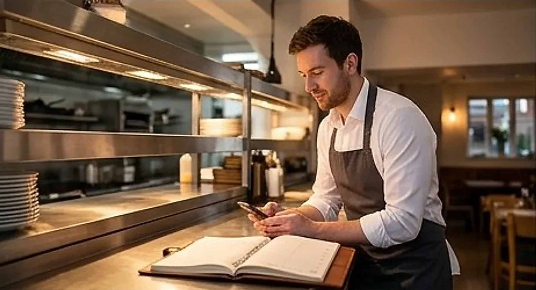 Restaurant manager at the pass checking a group booking message beside the bookings diary