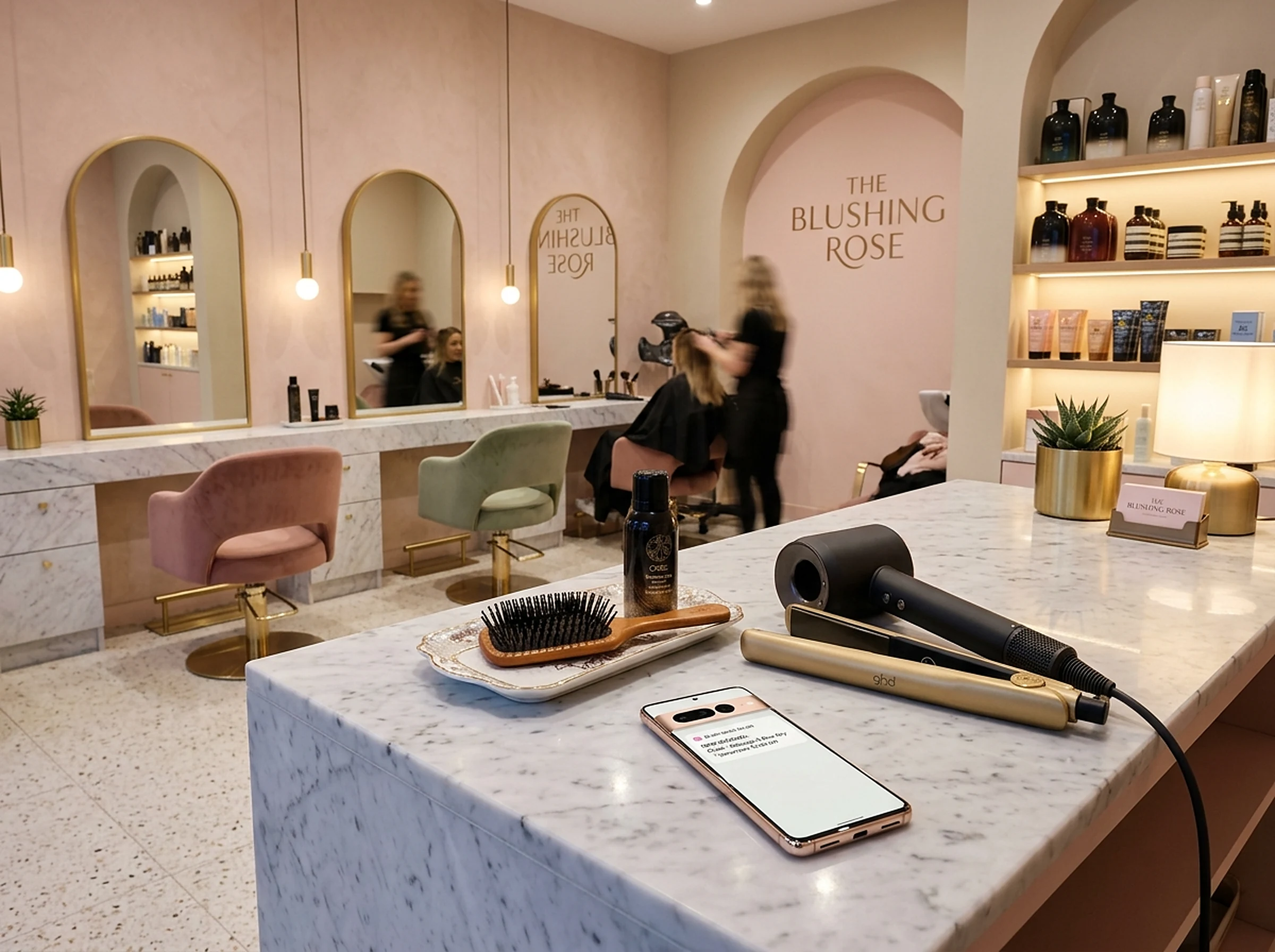 Salon counter with a phone showing a new booking message beside styling tools