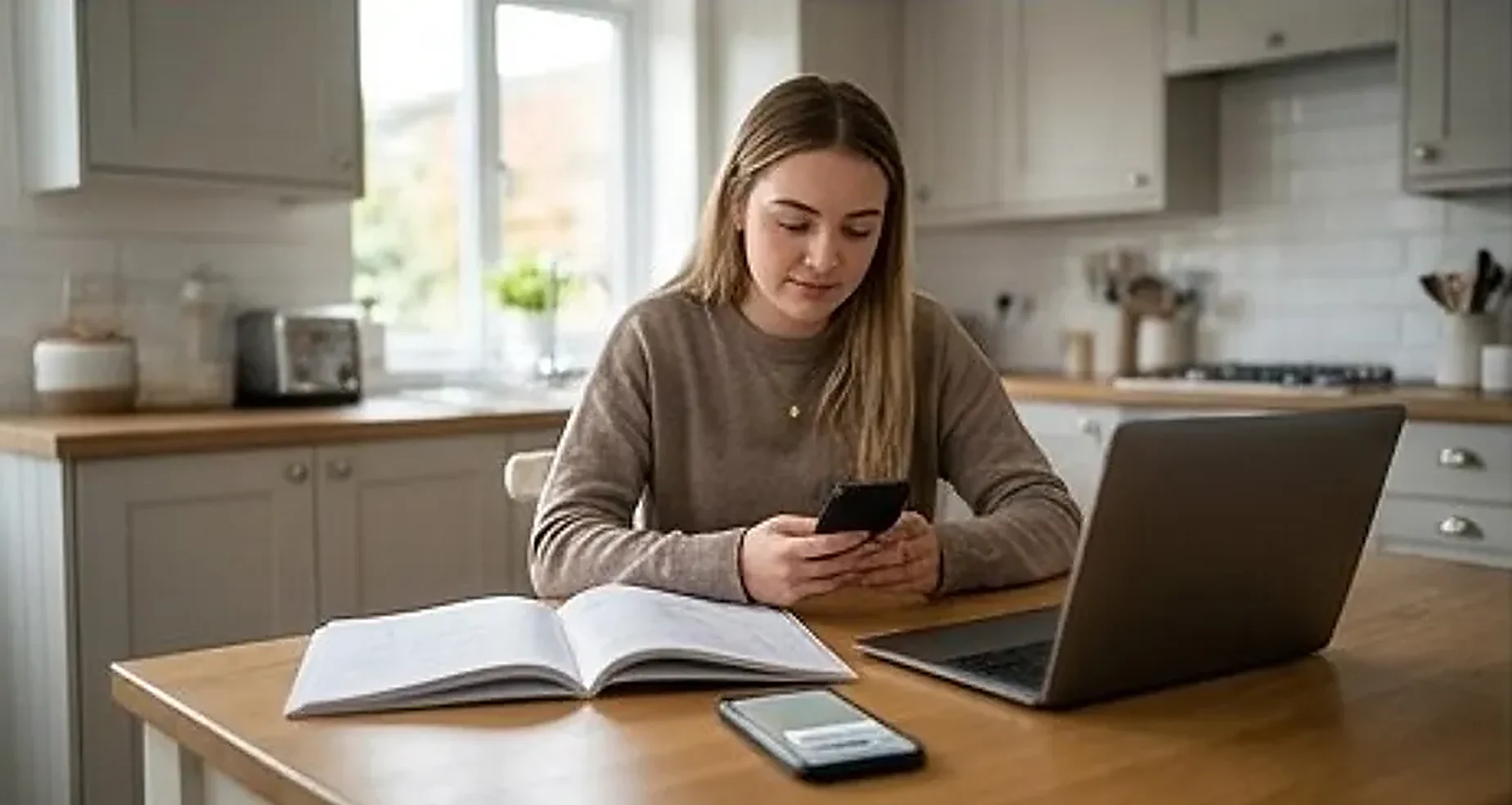 Tutor at a kitchen table with workbooks and a laptop replying to a parent